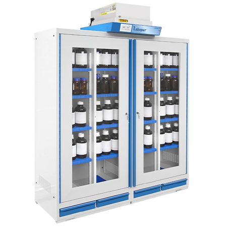 Armoire de Sécurité Ventilée Filtrée, haute 2 portes, 4 compartiments, 16 étagères, Corrosifs : Stockage de produits peu agressifs. Armoire de Sécurité Ventilée Filtrée, haute 2 portes, 4 compartiments, 16 étagères, Corrosifs : Stockage de produits peu agressifs.