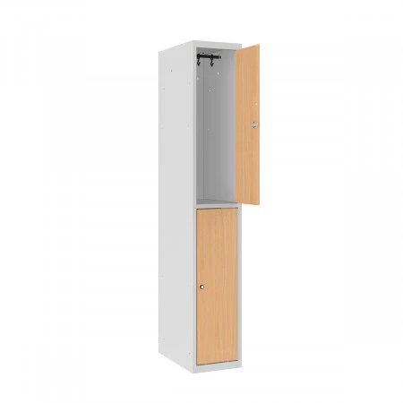 Vestiaire 2 cases superposées avec portes en bois - Larg. 300 mm monobloc 1 colonne avec tablette, barre porte cintre et 2 crochets double