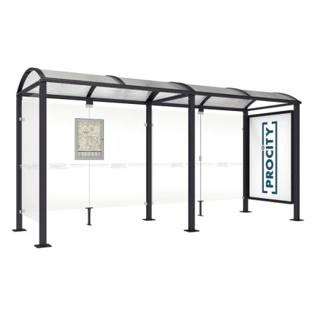 Abri bus 5 mètres avec 1 vitrine + 1 bardage latéral Abri bus 5 mètres avec 1 vitrine + 1 bardage latéral