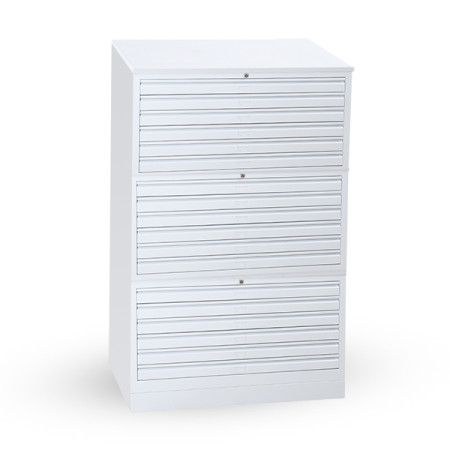 Armoire à plans à 10, 12 ou 15 tiroirs. Fermeture centralisée à clés. Les tiroirs sont équipés de glissières télescopiques ouverture à 80% Armoire à plans à 10, 12 ou 15 tiroirs. Fermeture centralisée à clés. Les tiroirs sont équipés de glissières télescopiques ouverture à 80%