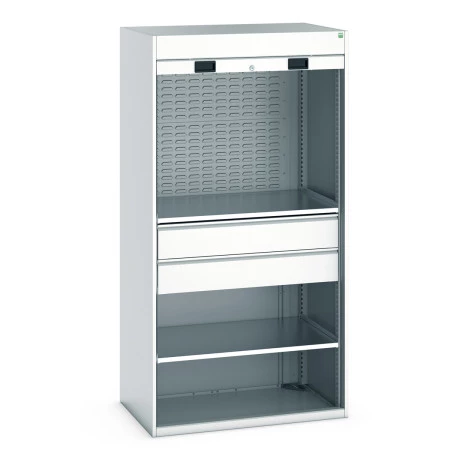 40201023 - Armoire CUBIO SMR-10620-12 Porte Rideau - 2 Tablettes, 2 Tiroirs de 175mm, 2 Panneaux à Bacs - LxPxH 1050x650x2000mm - Gris Clair RAL 7035 40201023 - Armoire CUBIO SMR-10620-12 Porte Rideau - 2 Tablettes, 2 Tiroirs de 175mm, 2 Panneaux à Bacs - LxPxH 1050x650x2000mm - Gris Clair RAL 7035