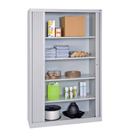 Armoire d'atelier à portes rideaux coulissants - 4 étagères - LxPxH 1200x450-665x1950 mm - Caisson Gris Clair RAL 7035 - Façade Gris Clair RAL 7035 Armoire d'atelier à portes rideaux coulissants - 4 étagères - LxPxH 1200x450-665x1950 mm - Caisson Gris Clair RAL 7035 - Façade Gris Clair RAL 7035