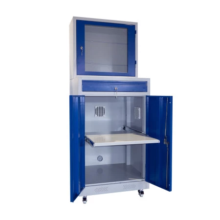 Armoire informatique mobile. Ouïes d'aération sur les blocs hauts et bas et passage de câbles Armoire informatique mobile. Ouïes d'aération sur les blocs hauts et bas et passage de câbles