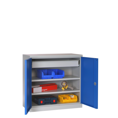 Armoire Basse Equipée - 1 Tiroir, 2 Etagères - LxPxH 1000x500x1000 mm - Caisson et Ossature Gris Clair RAL 7035 - Façade Bleu Industrie 5015 Armoire Basse Equipée - 1 Tiroir, 2 Etagères - LxPxH 1000x500x1000 mm - Caisson et Ossature Gris Clair RAL 7035 - Façade Bleu Industrie 5015
