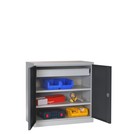 Armoire Basse Equipée - 1 Tiroir, 2 Etagères - LxPxH 1000x500x1000 mm - Caisson et Ossature Gris Clair RAL 7035 - Façade Gris Anthracite RAL 7016 Armoire Basse Equipée - 1 Tiroir, 2 Etagères - LxPxH 1000x500x1000 mm - Caisson et Ossature Gris Clair RAL 7035 - Façade Gris Anthracite RAL 7016
