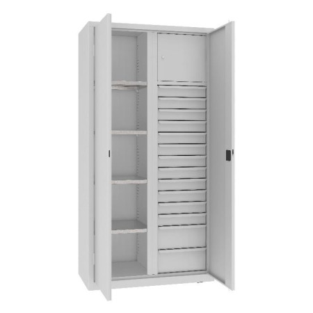 Armoire monobloc en tôle d’acier de 10/10°. Le corps de l'armoire peut supporter une charge allant jusqu'à 700 kg. Les étagères galvanisées ont une capacité de charge de 100 kg et les tiroirs de 40 kg.