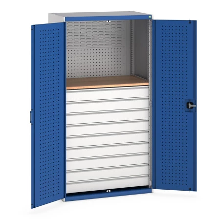 40021204 - Armoire CUBIO SMF-10620-1W - Mini atelier Portes Perfo, 9 Tiroirs - LxPxH 1050x650x2000mm - Bleu Gentiane RAL 5010 40021204 - Armoire CUBIO SMF-10620-1W - Mini atelier Portes Perfo, 9 Tiroirs - LxPxH 1050x650x2000mm - Bleu Gentiane RAL 5010