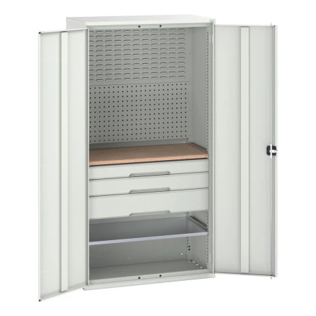 16926572 - VERSO Armoire mini atelier - 1 Tablettes, 3 Tiroirs, 1 habillage, 1 plateau - LxPxH 1050x550x2000mm - Gris Clair RAL 7035 16926572 - VERSO Armoire mini atelier - 1 Tablettes, 3 Tiroirs, 1 habillage, 1 plateau - LxPxH 1050x550x2000mm - Gris Clair RAL 7035