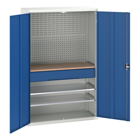 16926592 - VERSO Armoire mini atelier - 2 Tablettes, 1 Tiroir, 1 habillage, 1 plateau - LxPxH 1300x550x2000mm - Bleu Gentiane RAL 5010 16926592 - VERSO Armoire mini atelier - 2 Tablettes, 1 Tiroir, 1 habillage, 1 plateau - LxPxH 1300x550x2000mm - Bleu Gentiane RAL 5010