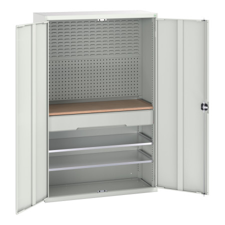 16926592 - VERSO Armoire mini atelier - 2 Tablettes, 1 Tiroir, 1 habillage, 1 plateau - LxPxH 1300x550x2000mm - Gris Clair RAL 7035 16926592 - VERSO Armoire mini atelier - 2 Tablettes, 1 Tiroir, 1 habillage, 1 plateau - LxPxH 1300x550x2000mm - Gris Clair RAL 7035