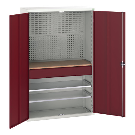 16926592 - VERSO Armoire mini atelier - 2 Tablettes, 1 Tiroir, 1 habillage, 1 plateau - LxPxH 1300x550x2000mm - Rouge Pourpre RAL 3004 16926592 - VERSO Armoire mini atelier - 2 Tablettes, 1 Tiroir, 1 habillage, 1 plateau - LxPxH 1300x550x2000mm - Rouge Pourpre RAL 3004