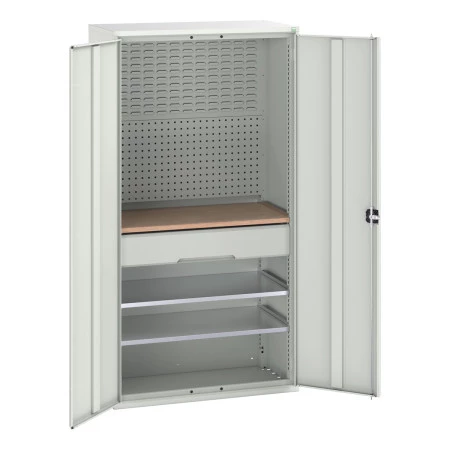 16926570 - VERSO Armoire mini atelier - 2 Tablettes, 1 Tiroir, 1 habillage, 1 plateau - LxPxH 1050x550x2000mm - Gris Clair RAL 7035 16926570 - VERSO Armoire mini atelier - 2 Tablettes, 1 Tiroir, 1 habillage, 1 plateau - LxPxH 1050x550x2000mm - Gris Clair RAL 7035