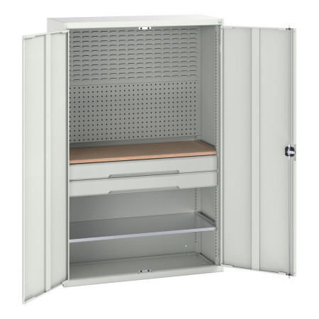 16926593 - VERSO Armoire mini atelier - 1 Tablettes, 2 Tiroirs, 1 habillage, 1 plateau - LxPxH 1300x550x2000mm - Gris Clair RAL 7035 16926593 - VERSO Armoire mini atelier - 1 Tablettes, 2 Tiroirs, 1 habillage, 1 plateau - LxPxH 1300x550x2000mm - Gris Clair RAL 7035
