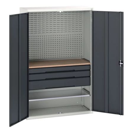 16926594 - VERSO Armoire mini atelier - 1 Tablettes, 3 Tiroirs, 1 habillage, 1 plateau - LxPxH 1300x550x2000mm - Gris Anthracite RAL 7016 16926594 - VERSO Armoire mini atelier - 1 Tablettes, 3 Tiroirs, 1 habillage, 1 plateau - LxPxH 1300x550x2000mm - Gris Anthracite RAL 7016