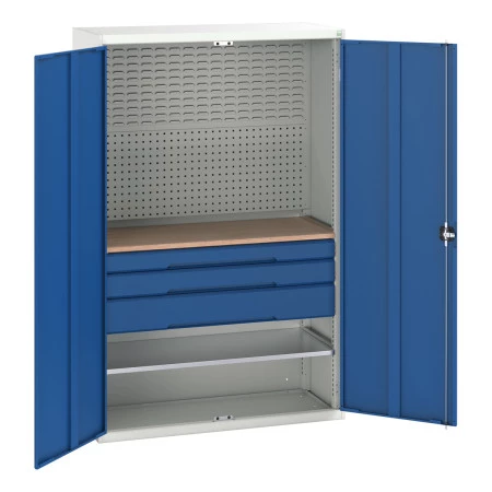 16926594 - VERSO Armoire mini atelier - 1 Tablettes, 3 Tiroirs, 1 habillage, 1 plateau - LxPxH 1300x550x2000mm - Bleu Gentiane RAL 5010 16926594 - VERSO Armoire mini atelier - 1 Tablettes, 3 Tiroirs, 1 habillage, 1 plateau - LxPxH 1300x550x2000mm - Bleu Gentiane RAL 5010