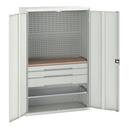 16926594 - VERSO Armoire mini atelier - 1 Tablettes, 3 Tiroirs, 1 habillage, 1 plateau - LxPxH 1300x550x2000mm - Gris Clair RAL 7035 16926594 - VERSO Armoire mini atelier - 1 Tablettes, 3 Tiroirs, 1 habillage, 1 plateau - LxPxH 1300x550x2000mm - Gris Clair RAL 7035