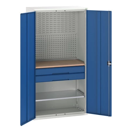 16926571 - VERSO Armoire mini atelier - 1 Tablettes, 2 Tiroirs, 1 habillage, 1 plateau - LxPxH 1050x550x2000mm - Bleu Gentiane RAL 5010 16926571 - VERSO Armoire mini atelier - 1 Tablettes, 2 Tiroirs, 1 habillage, 1 plateau - LxPxH 1050x550x2000mm - Bleu Gentiane RAL 5010