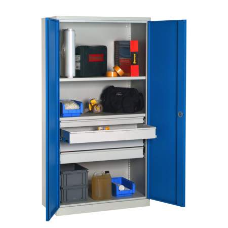 Armoire Haute Equipée - 14 Tiroirs, 6 Etagères - LxPxH 1000x500x1950 mm - Caisson et Ossature Gris Clair RAL 7035 - Façade Bleu Industrie 5015 Armoire Haute Equipée - 14 Tiroirs, 6 Etagères - LxPxH 1000x500x1950 mm - Caisson et Ossature Gris Clair RAL 7035 - Façade Bleu Industrie 5015