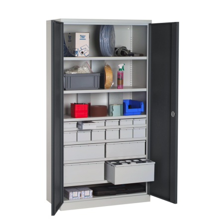 Armoire Haute Equipée - 16 Tiroirs, 7 Etagères - LxPxH 1000x500x1950 mm - Caisson et Ossature Gris Clair RAL 7035 - Façade Gris Anthracite RAL 7016 Armoire Haute Equipée - 16 Tiroirs, 7 Etagères - LxPxH 1000x500x1950 mm - Caisson et Ossature Gris Clair RAL 7035 - Façade Gris Anthracite RAL 7016