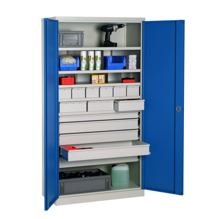 Armoire Haute Equipée - 14 Tiroirs, 5 Etagères - LxPxH 1000x500x1950 mm - Caisson et Ossature Gris Clair RAL 7035 - Façade Bleu Industrie 5015 Armoire Haute Equipée - 14 Tiroirs, 5 Etagères - LxPxH 1000x500x1950 mm - Caisson et Ossature Gris Clair RAL 7035 - Façade Bleu Industrie 5015