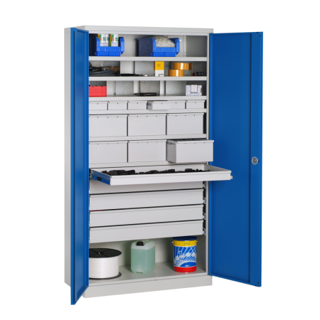 Armoire Haute Equipée - 17 Tiroirs, 6 Etagères - LxPxH 1000x500x1950 mm - Caisson et Ossature Gris Clair RAL 7035 - Façade Bleu Industrie 5015 Armoire Haute Equipée - 17 Tiroirs, 6 Etagères - LxPxH 1000x500x1950 mm - Caisson et Ossature Gris Clair RAL 7035 - Façade Bleu Industrie 5015