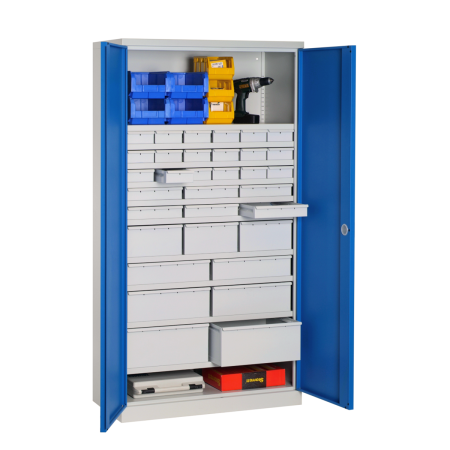 Armoire Haute Equipée - 36 Tiroirs, 12 Etagères - LxPxH 1000x500x1950 mm - Caisson et Ossature Gris Clair RAL 7035 - Façade Bleu Industrie 5015 Armoire Haute Equipée - 36 Tiroirs, 12 Etagères - LxPxH 1000x500x1950 mm - Caisson et Ossature Gris Clair RAL 7035 - Façade Bleu Industrie 5015