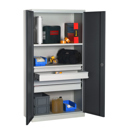 Armoire Haute Equipée - 14 Tiroirs, 6 Etagères - LxPxH 1000x500x1950 mm - Caisson et Ossature Gris Clair RAL 7035 - Façade Gris Anthracite RAL 7016 Armoire Haute Equipée - 14 Tiroirs, 6 Etagères - LxPxH 1000x500x1950 mm - Caisson et Ossature Gris Clair RAL 7035 - Façade Gris Anthracite RAL 7016