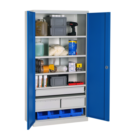 Armoire Haute Equipée - 3 Tiroirs, 6 Etagères - LxPxH 1000x500x1950 mm - Caisson et Ossature Gris Clair RAL 7035 - Façade Bleu Industrie 5015 Armoire Haute Equipée - 3 Tiroirs, 6 Etagères - LxPxH 1000x500x1950 mm - Caisson et Ossature Gris Clair RAL 7035 - Façade Bleu Industrie 5015