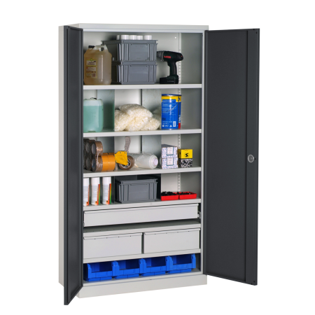 Armoire Haute Equipée - 3 Tiroirs, 6 Etagères - LxPxH 1000x500x1950 mm - Caisson et Ossature Gris Clair RAL 7035 - Façade Gris Anthracite RAL 7016 Armoire Haute Equipée - 3 Tiroirs, 6 Etagères - LxPxH 1000x500x1950 mm - Caisson et Ossature Gris Clair RAL 7035 - Façade Gris Anthracite RAL 7016