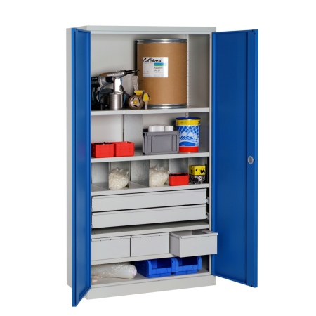 Armoire Haute Equipée - 5 Tiroirs, 5 Etagères - LxPxH 1000x500x1950 mm - Caisson et Ossature Gris Clair RAL 7035 - Façade Bleu Industrie 5015 Armoire Haute Equipée - 5 Tiroirs, 5 Etagères - LxPxH 1000x500x1950 mm - Caisson et Ossature Gris Clair RAL 7035 - Façade Bleu Industrie 5015