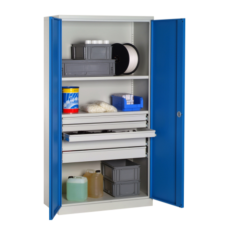 Armoire Haute Equipée - 5 Tiroirs, 2 Etagères - LxPxH 1000x500x1950 mm - Caisson et Ossature Gris Clair RAL 7035 - Façade Bleu Industrie 5015 Armoire Haute Equipée - 5 Tiroirs, 2 Etagères - LxPxH 1000x500x1950 mm - Caisson et Ossature Gris Clair RAL 7035 - Façade Bleu Industrie 5015