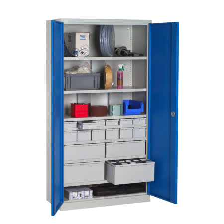 Armoire Haute Equipée - 16 Tiroirs, 7 Etagères - LxPxH 1000x500x1950 mm - Caisson et Ossature Gris Clair RAL 7035 - Façade Bleu Industrie 5015 Armoire Haute Equipée - 16 Tiroirs, 7 Etagères - LxPxH 1000x500x1950 mm - Caisson et Ossature Gris Clair RAL 7035 - Façade Bleu Industrie 5015