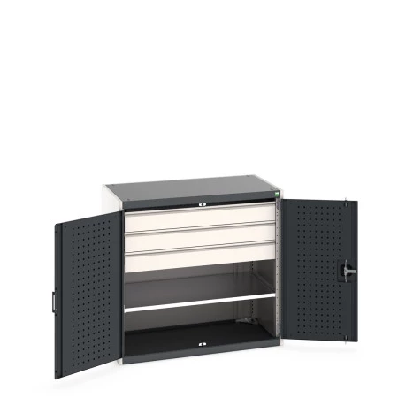 40021203 - Armoire CUBIO SMF-10610-1S - Avec Portes Perfo, 1 Tablettes, 3 Tiroirs - LxPxH 1050x650x1000mm - Gris Anthracite RAL 7016 40021203 - Armoire CUBIO SMF-10610-1S - Avec Portes Perfo, 1 Tablettes, 3 Tiroirs - LxPxH 1050x650x1000mm - Gris Anthracite RAL 7016