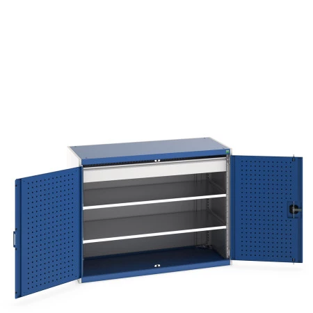 40022083 - Armoire CUBIO SMF-13610 - Avec Portes Perfo, 2 Tablettes, 1 Tiroir - LxPxH 1300x650x1000mm - Bleu Gentiane RAL 5010 40022083 - Armoire CUBIO SMF-13610 - Avec Portes Perfo, 2 Tablettes, 1 Tiroir - LxPxH 1300x650x1000mm - Bleu Gentiane RAL 5010