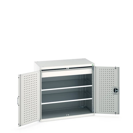 40021201 - Armoire CUBIO SMF-10610-1 - Avec Portes Perfo, 2 Tablettes, 1 Tiroir - LxPxH 1050x650x1000mm - Gris Clair RAL 7035 40021201 - Armoire CUBIO SMF-10610-1 - Avec Portes Perfo, 2 Tablettes, 1 Tiroir - LxPxH 1050x650x1000mm - Gris Clair RAL 7035