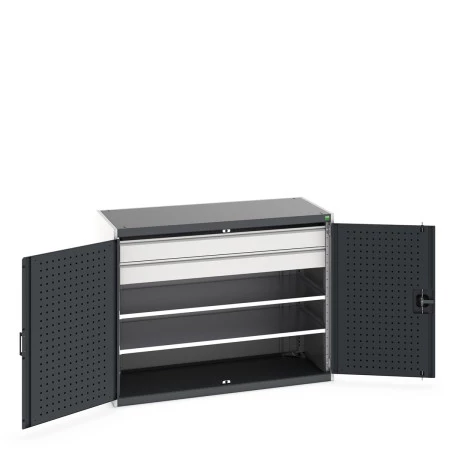 40022084 - Armoire CUBIO SMF-13610 - Avec Portes Perfo, 2 Tablettes, 2 Tiroirs - LxPxH 1300x650x1000mm - Gris Anthracite RAL 7016 40022084 - Armoire CUBIO SMF-13610 - Avec Portes Perfo, 2 Tablettes, 2 Tiroirs - LxPxH 1300x650x1000mm - Gris Anthracite RAL 7016