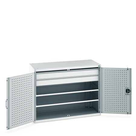 40022084 - Armoire CUBIO SMF-13610 - Avec Portes Perfo, 2 Tablettes, 2 Tiroirs - LxPxH 1300x650x1000mm - Gris Clair RAL 7035 40022084 - Armoire CUBIO SMF-13610 - Avec Portes Perfo, 2 Tablettes, 2 Tiroirs - LxPxH 1300x650x1000mm - Gris Clair RAL 7035