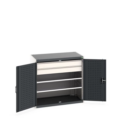 40021202 - Armoire CUBIO SMF-10610-2S - Avec Portes Perfo, 2 Tablettes, 2 Tiroirs - LxPxH 1050x650x1000mm - Gris Anthracite RAL 7016 40021202 - Armoire CUBIO SMF-10610-2S - Avec Portes Perfo, 2 Tablettes, 2 Tiroirs - LxPxH 1050x650x1000mm - Gris Anthracite RAL 7016