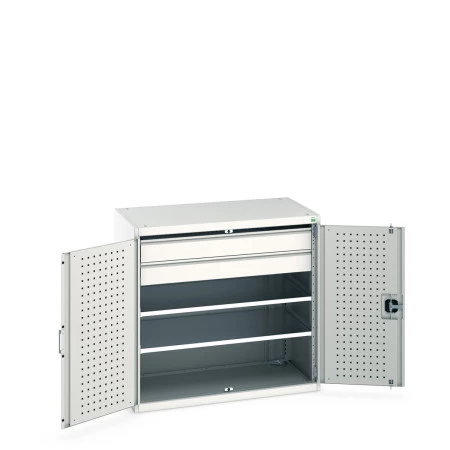 40021202 - Armoire CUBIO SMF-10610-2S - Avec Portes Perfo, 2 Tablettes, 2 Tiroirs - LxPxH 1050x650x1000mm - Gris Clair RAL 7035 40021202 - Armoire CUBIO SMF-10610-2S - Avec Portes Perfo, 2 Tablettes, 2 Tiroirs - LxPxH 1050x650x1000mm - Gris Clair RAL 7035