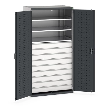 40021114 - Armoire CUBIO SMF-10620-115 - Portes Perfo, 9 Tiroirs, 3 Tablettes - LxPxH 1050x650x2000mm - Gris Anthracite RAL 7016 40021114 - Armoire CUBIO SMF-10620-115 - Portes Perfo, 9 Tiroirs, 3 Tablettes - LxPxH 1050x650x2000mm - Gris Anthracite RAL 7016