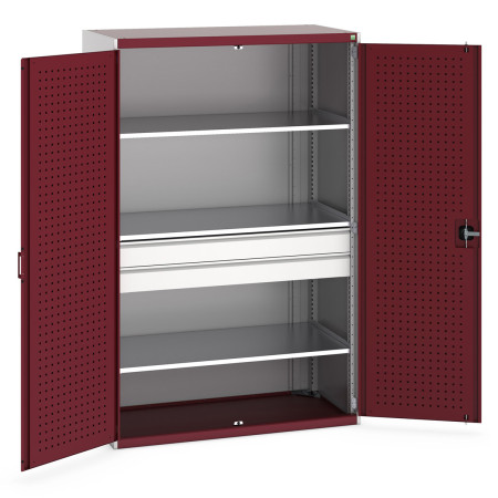 40022139 - CUBIO Armoire SMF 13620-116 - Avec 2 Tiroirs, 3 Tablettes - LxPxH 1300x650x2000mm - Rouge Pourpre RAL 3004 40022139 - CUBIO Armoire SMF 13620-116 - Avec 2 Tiroirs, 3 Tablettes - LxPxH 1300x650x2000mm - Rouge Pourpre RAL 3004