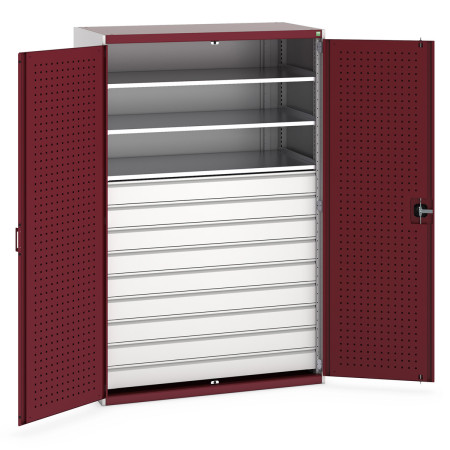 40022089 - CUBIO Armoire SMF-13620 - Avec 9 Tiroirs, 3 Tablettes - LxPxH 1300x650x2000mm - Rouge Pourpre RAL 3004 40022089 - CUBIO Armoire SMF-13620 - Avec 9 Tiroirs, 3 Tablettes - LxPxH 1300x650x2000mm - Rouge Pourpre RAL 3004