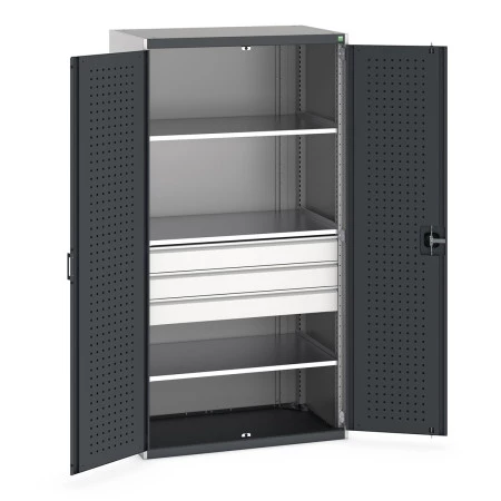 40021109 - Armoire CUBIO SMF-10620-110 - Portes Perfo, 3 Tiroirs, 3 Tablettes - LxPxH 1050x650x2000mm - Gris Anthracite RAL 7016 40021109 - Armoire CUBIO SMF-10620-110 - Portes Perfo, 3 Tiroirs, 3 Tablettes - LxPxH 1050x650x2000mm - Gris Anthracite RAL 7016
