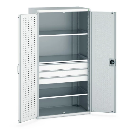 40021109 - Armoire CUBIO SMF-10620-110 - Portes Perfo, 3 Tiroirs, 3 Tablettes - LxPxH 1050x650x2000mm - Gris Clair RAL 7035 40021109 - Armoire CUBIO SMF-10620-110 - Portes Perfo, 3 Tiroirs, 3 Tablettes - LxPxH 1050x650x2000mm - Gris Clair RAL 7035