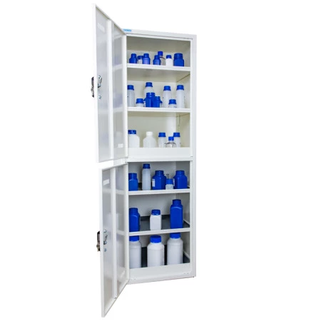 Armoire pour le stockage séparé par familles de produits dangereux, haute 2 portes, 2 compartiments dont 1 avec équipements PVC, 4 étagères. Armoire pour le stockage séparé par familles de produits dangereux, haute 2 portes, 2 compartiments dont 1 avec équipements PVC, 4 étagères.
