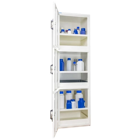 Armoire de séparation par familles de produits dangereux, haute 3 portes, 3 compartiments dont 1 avec équipements PVC, 3 étagères. Armoire de séparation par familles de produits dangereux, haute 3 portes, 3 compartiments dont 1 avec équipements PVC, 3 étagères.