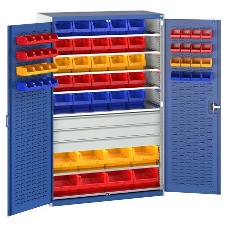 40022057 - Armoire CUBIO SMF-13620-23 - Portes à Bacs, 7 Tablettes, 3 Tiroirs, 65 Bacs - LxPxH 1300x650x2000mm - Bleu Gentiane RAL 5010 40022057 - Armoire CUBIO SMF-13620-23 - Portes à Bacs, 7 Tablettes, 3 Tiroirs, 65 Bacs - LxPxH 1300x650x2000mm - Bleu Gentiane RAL 5010