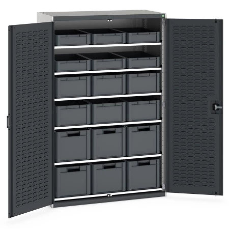 40022066 - Armoire à Portes battantes SMF-13620-25 - Portes à Bacs, 6 Tablettes, 18 Eurobox - LxPxH 1300x650x2000mm - Gris Anthracite RAL 7016 40022066 - Armoire à Portes battantes SMF-13620-25 - Portes à Bacs, 6 Tablettes, 18 Eurobox - LxPxH 1300x650x2000mm - Gris Anthracite RAL 7016