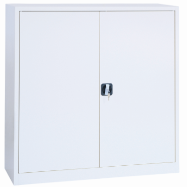Armoire basse de bureau portes battantes monobloc ou en kit. Possède des amortisseurs anti-bruits en plastique. 1 ou 2 étagères.