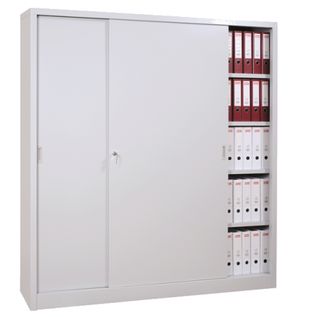 Armoire métallique à portes coulissantes monobloc ou en Kit. Etagères réglables au pas de 50 mm. Fermeture par bouton poussoir à clés (2 clefs fournies). Peinture époxy cuite au four.